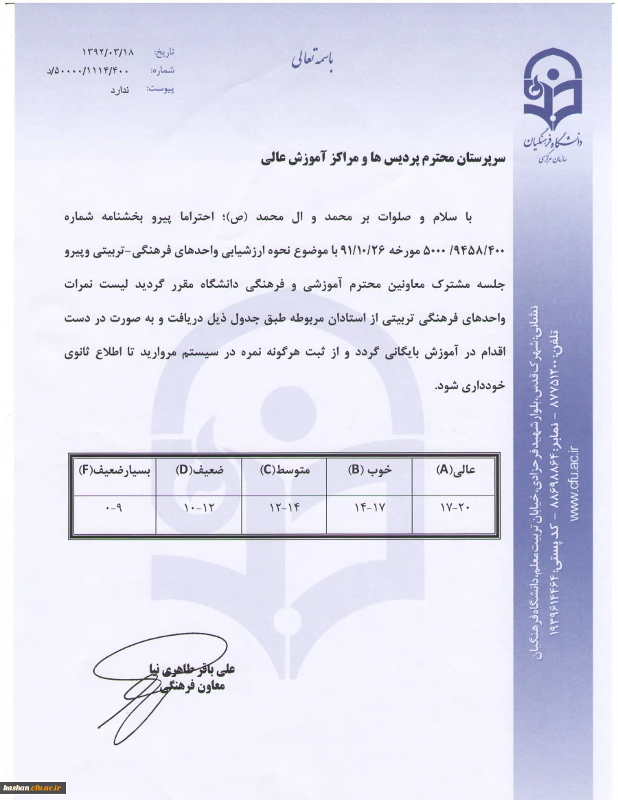 نحوه ارزشیابی واحدهای فرهنگی تربیتی